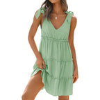 Damen lässiges V-Ausschnitt-Kleid mit Rüschendetails und verstellbaren Trägern R&B