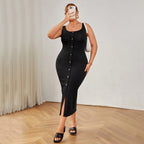 Damen figurbetontes Midikleid mit Knopfleiste und Schlitzdetail R&B