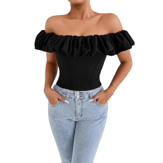 Damen Off-Shoulder Rüschenshirt mit tailliertem Schnitt R&B