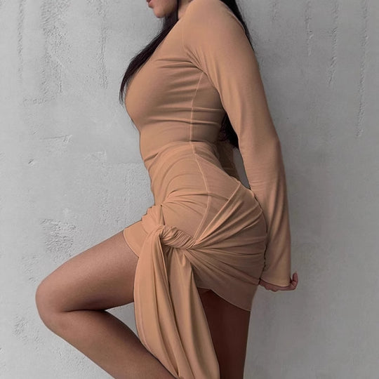 Damen figurbetontes Wickelkleid mit langen Ärmeln und eleganter Drapierung R&B