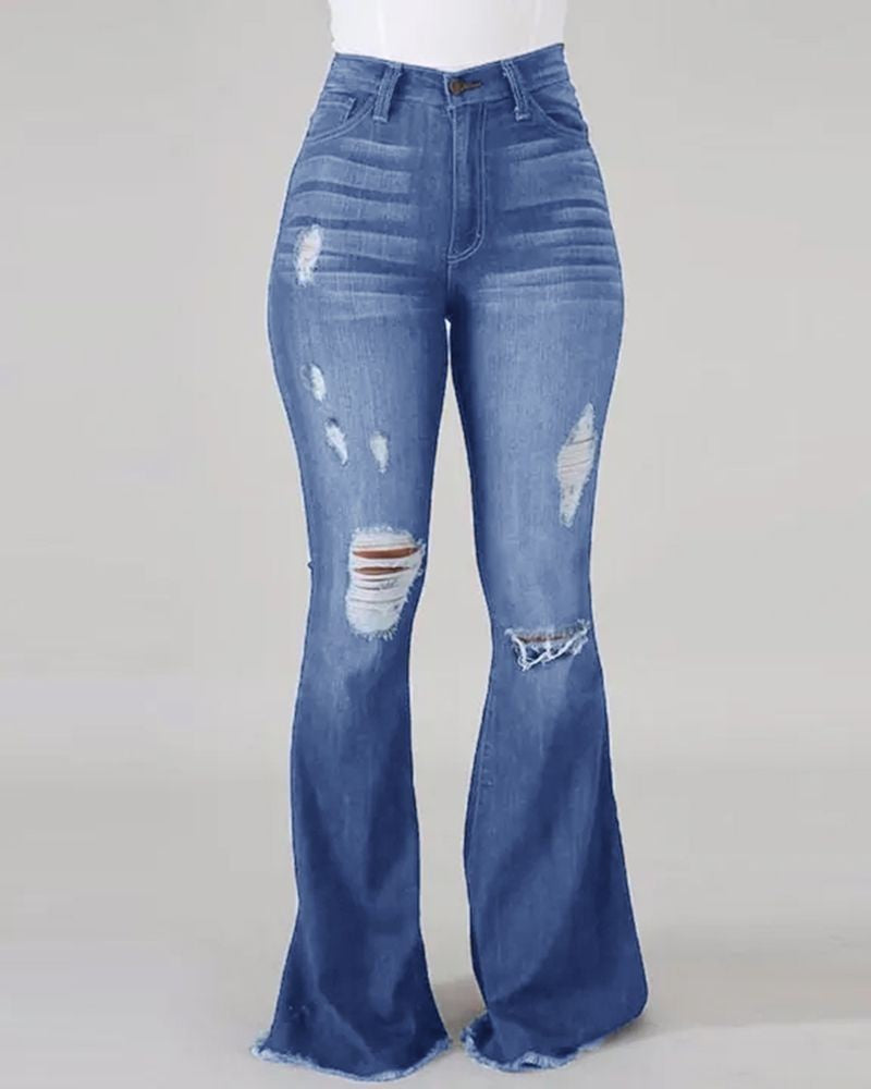 Damen Bootcut-Jeans mit ausgefranstem Saum und Destroyed-Details R&B