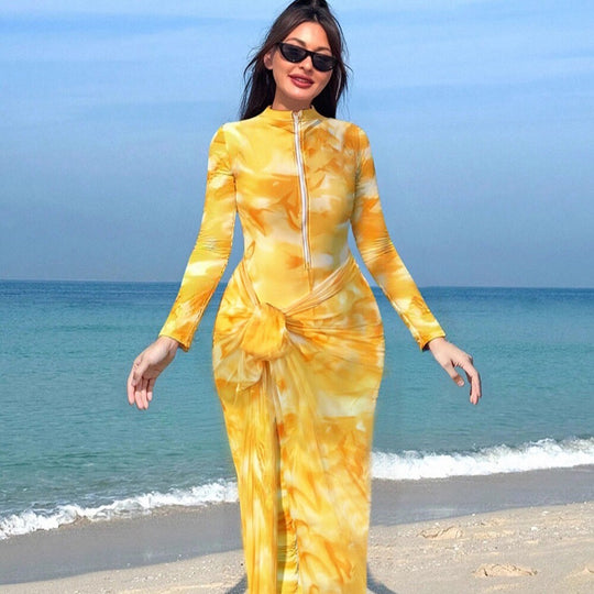 Damen Modischer Strandanzug mit langem Arm und Wickeldetail R&B