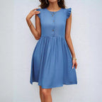 Damen lässiges Kurzkleid mit rüschigen Schulterdetails und Knopfleiste R&B