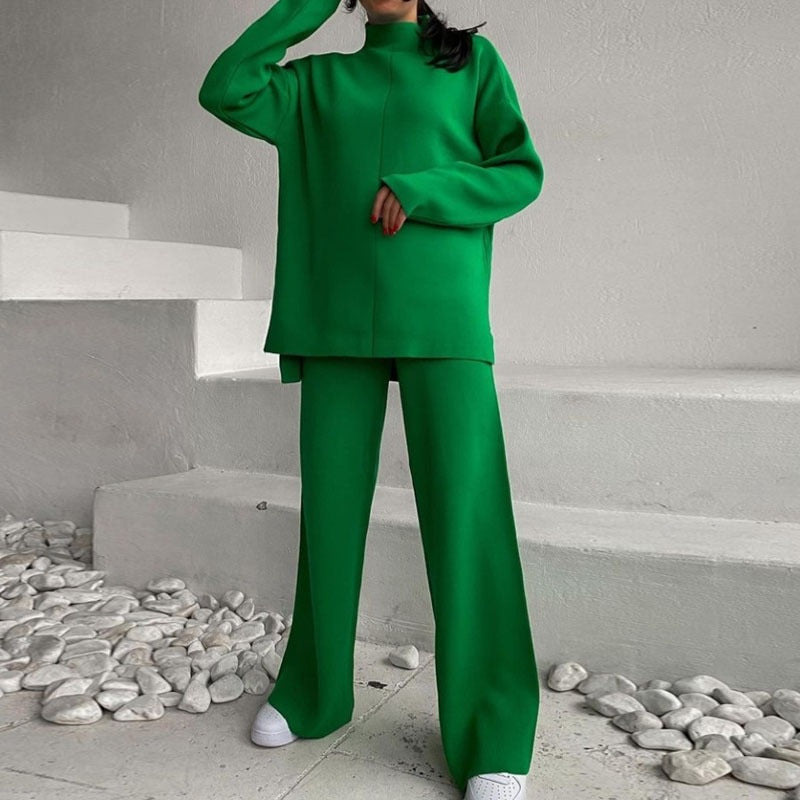 Damen Lässiges Strickensemble mit weitem Schnitt und hohem Kragen R&B