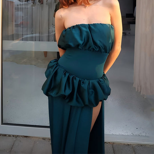 Damen Elegantes Maxikleid mit schulterfreier Silhouette und seitlichem Schlitz R&B