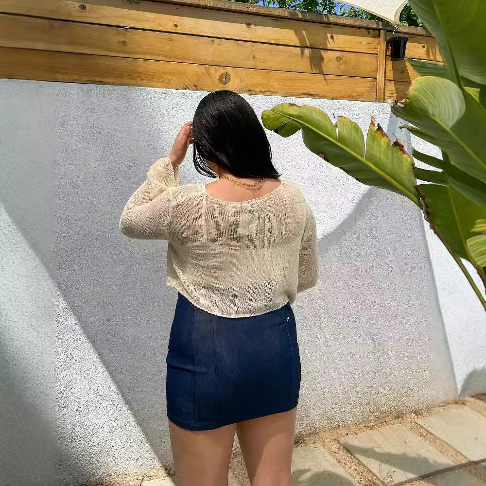 Damen luftiges Strickoberteil mit weitem Schnitt und eleganten Trompetenärmeln R&B