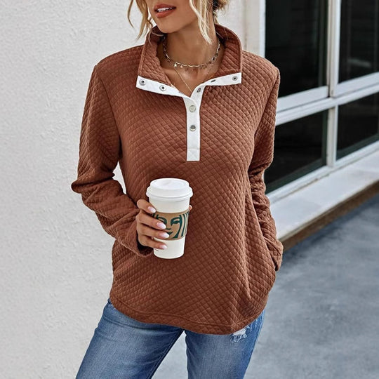 Damen Stepp-Pullover mit kontrastierendem Kragen und Knopfdetail R&B