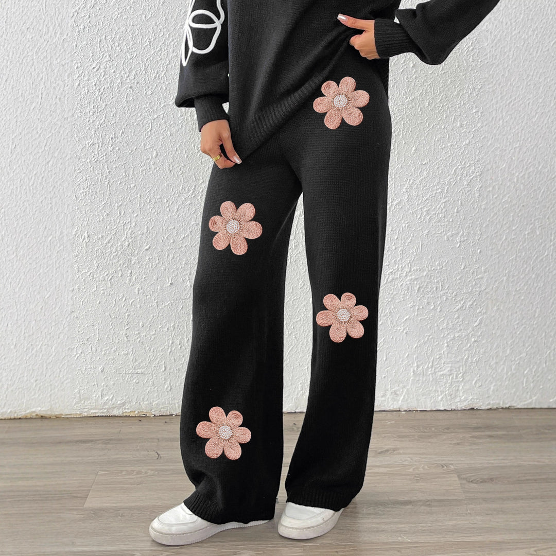 Damen lockere Strickhose mit floralen Applikationen R&B