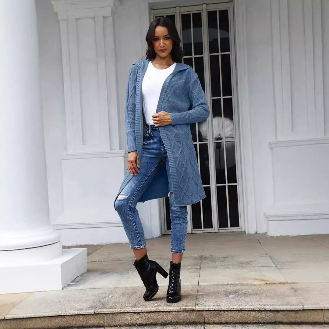 Damen Strickjacke mit Kapuze und eleganten Zopfmuster R&B
