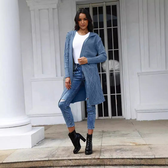 Damen Strickjacke mit Kapuze und eleganten Zopfmuster R&B
