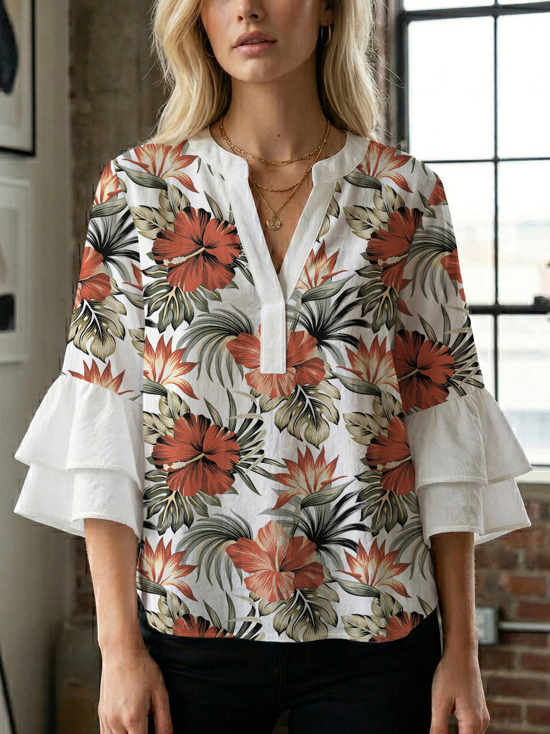 Damen lässige Bluse mit Volantärmeln und botanischem Druck R&B