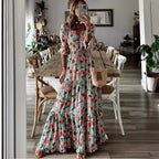 Damen Maxikleid mit gR&Bundenem V-Ausschnitt und voluminösen Ärmeln R&B