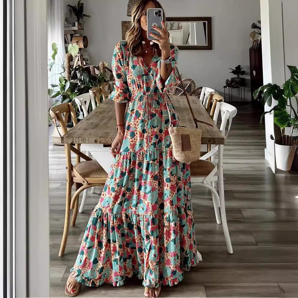 Damen Maxikleid mit gR&Bundenem V-Ausschnitt und voluminösen Ärmeln R&B