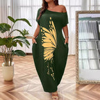 Damen Maxikleid mit XXL Schmetterlings-Motiv und schulterfreiem Design R&B