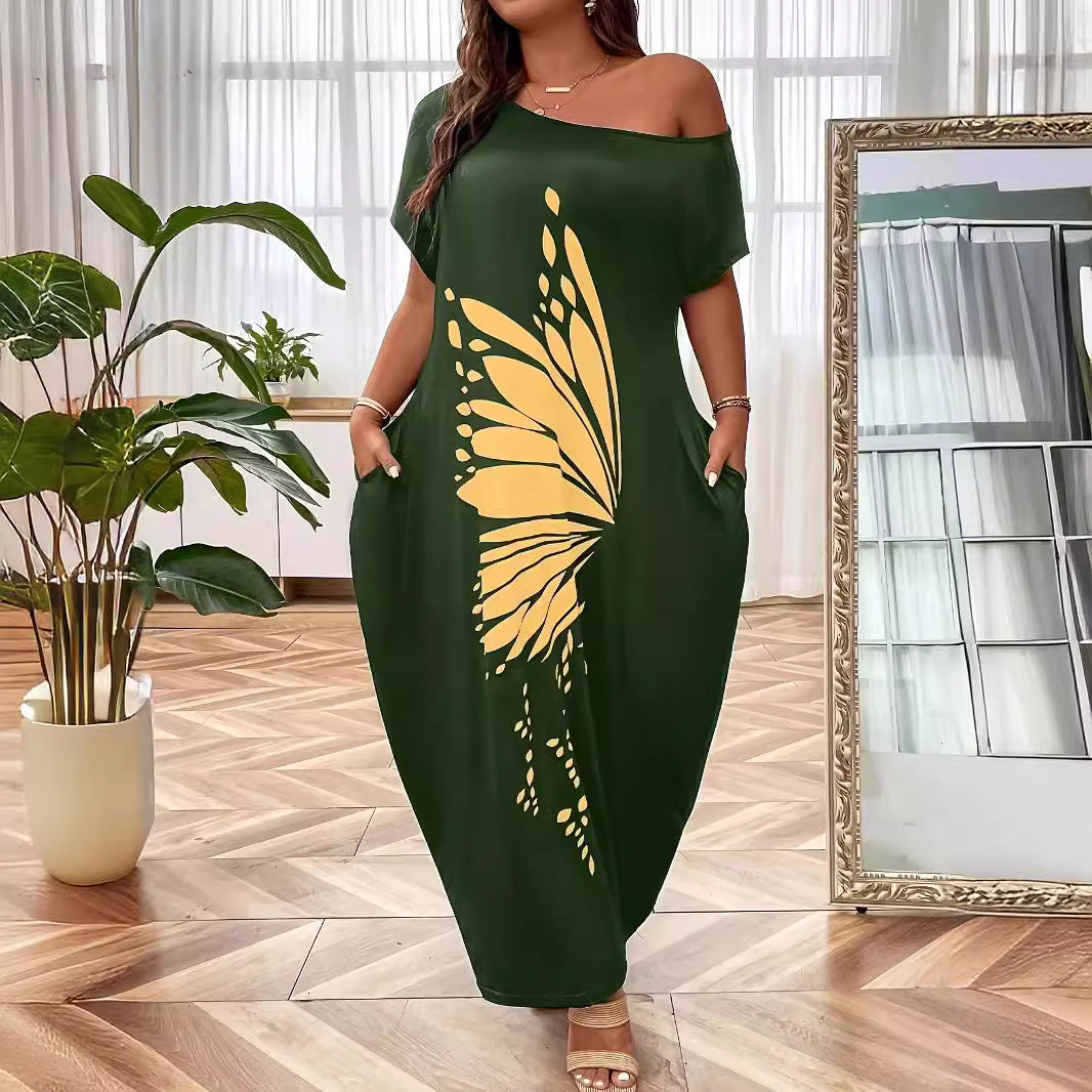 Damen Maxikleid mit XXL Schmetterlings-Motiv und schulterfreiem Design R&B