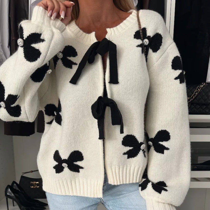 Damen Strickjacke mit dekorativen Schleifen und glänzenden Akzenten R&B