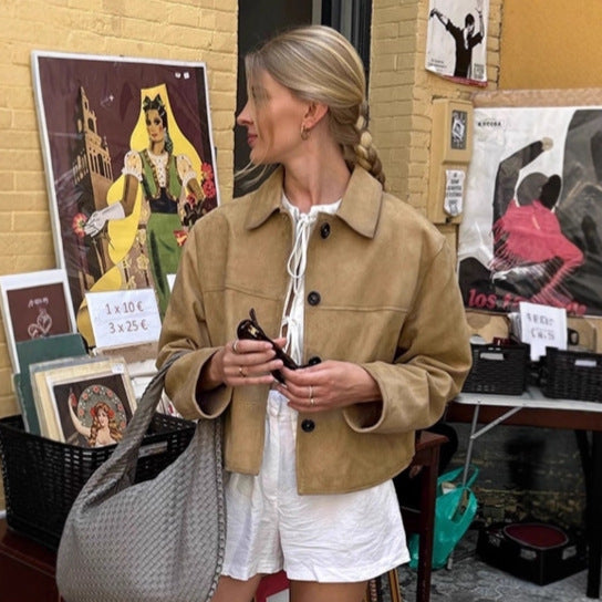 Damen Modische Wildlederjacke im lässigen Schnitt mit Knopfdetails R&B
