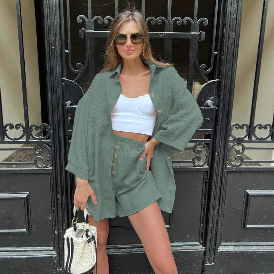 Damen Lässiges Zweiteiliges Set aus leichtem Baumwollmaterial mit oversized Hemd und Shorts R&B