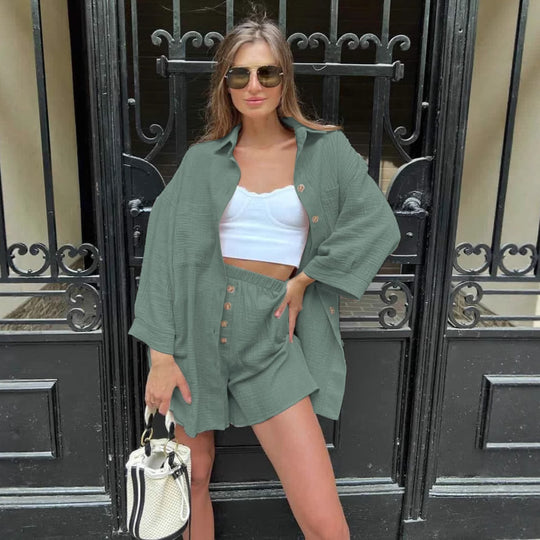 Damen Lässiges Zweiteiliges Set aus leichtem Baumwollmaterial mit oversized Hemd und Shorts R&B