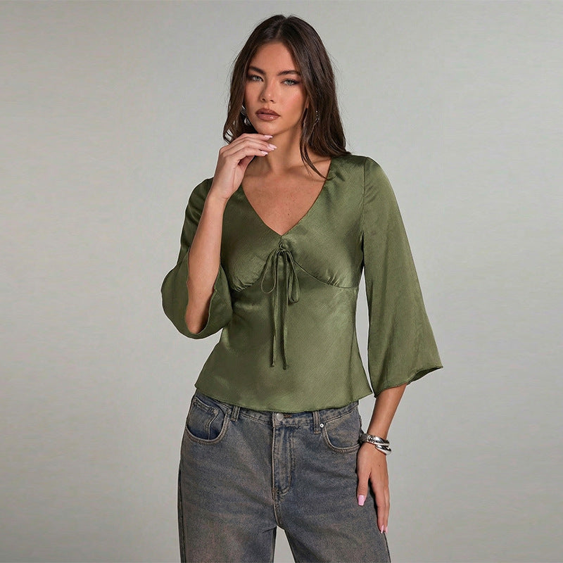 Damen Elegantes Oberteil mit Krawatte und weitem Ärmel R&B