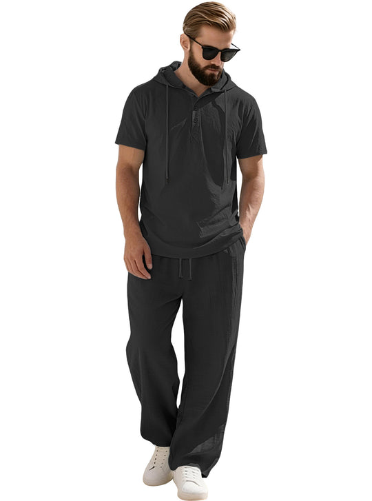 Herren nan lässiges Kurzarm-Kapuzenshirt im gekreppten Baumwollmix mit Henley-Knopfleiste R&B