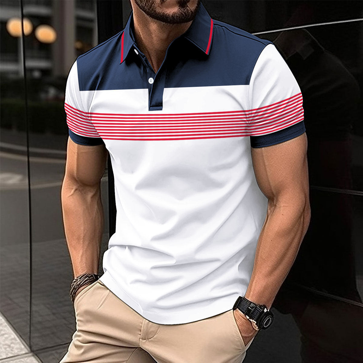 Herren Polo-Shirt mit modernem Karomuster und Knopfleiste
