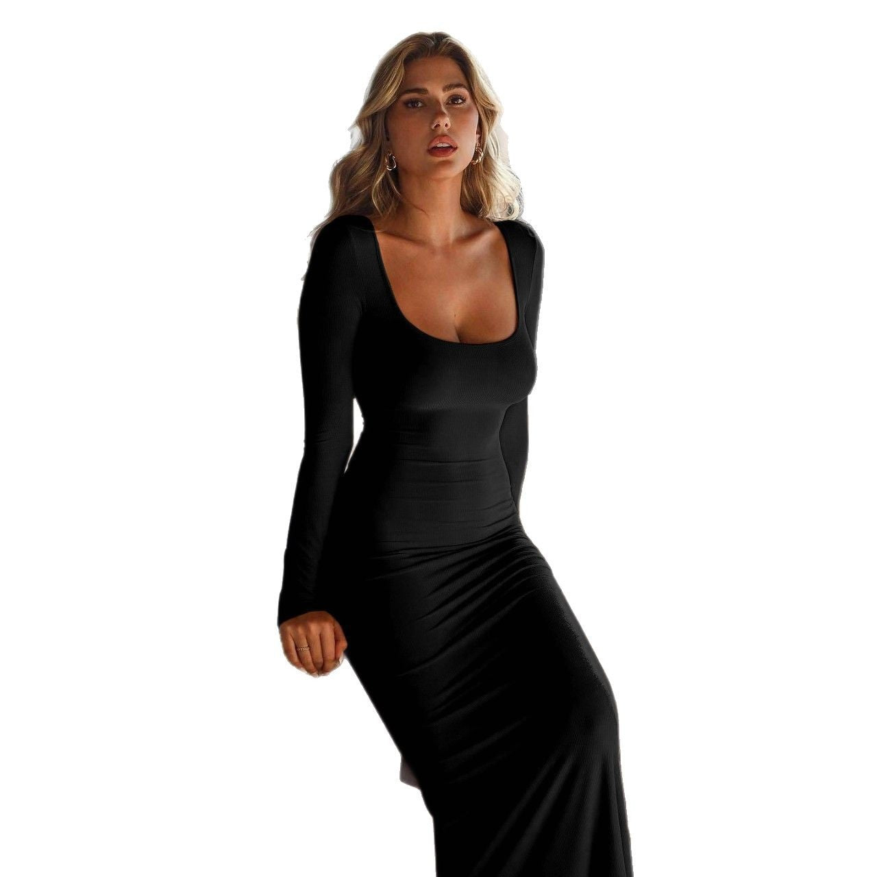 Damen figurbetontes Langarm-Maxikleid mit rundem Ausschnitt und elastischer Passform R&B
