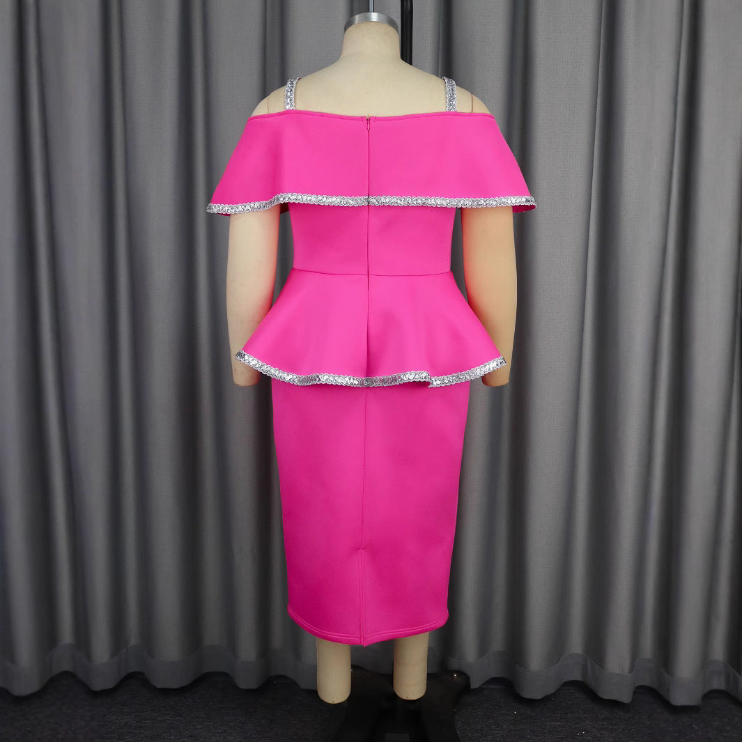 Damen elegantes Peplum-Kleid mit schulterfreiem Design und Glitzerdetails R&B