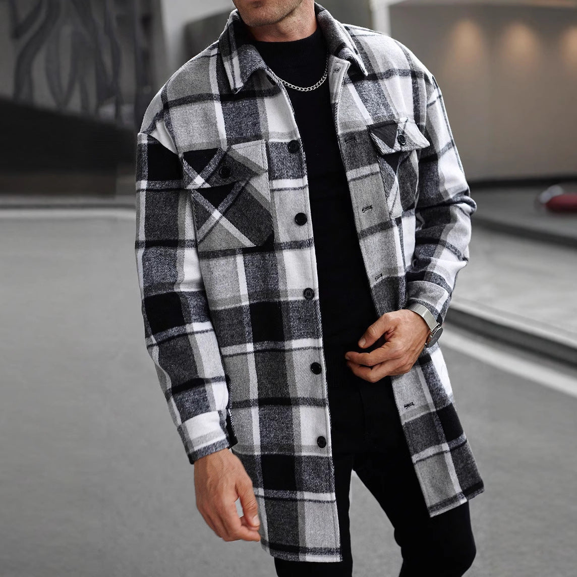 Herren karierte Flanelljacke mit knöpfbaren Taschen und modernem Schnitt