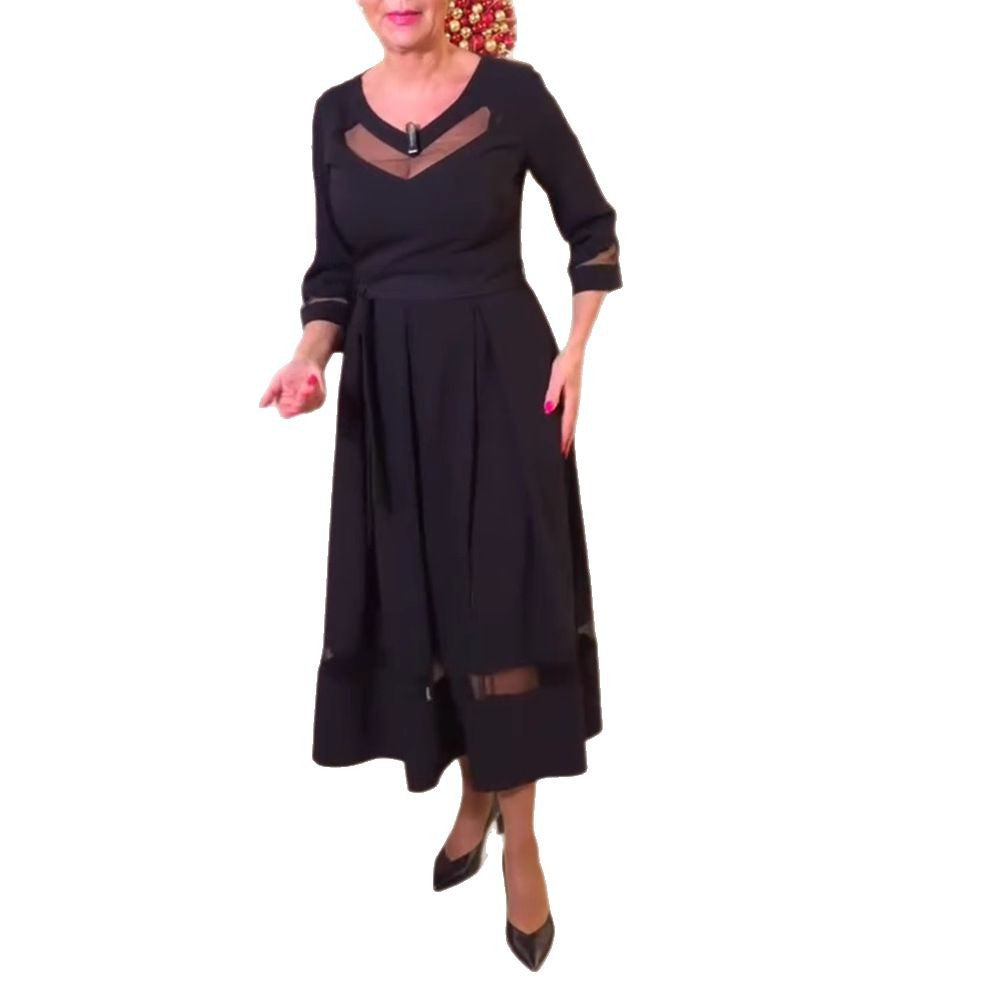 Damen Fließendes Maxikleid mit transparenten Akzenten und Taillengürtel Heidi-Mode