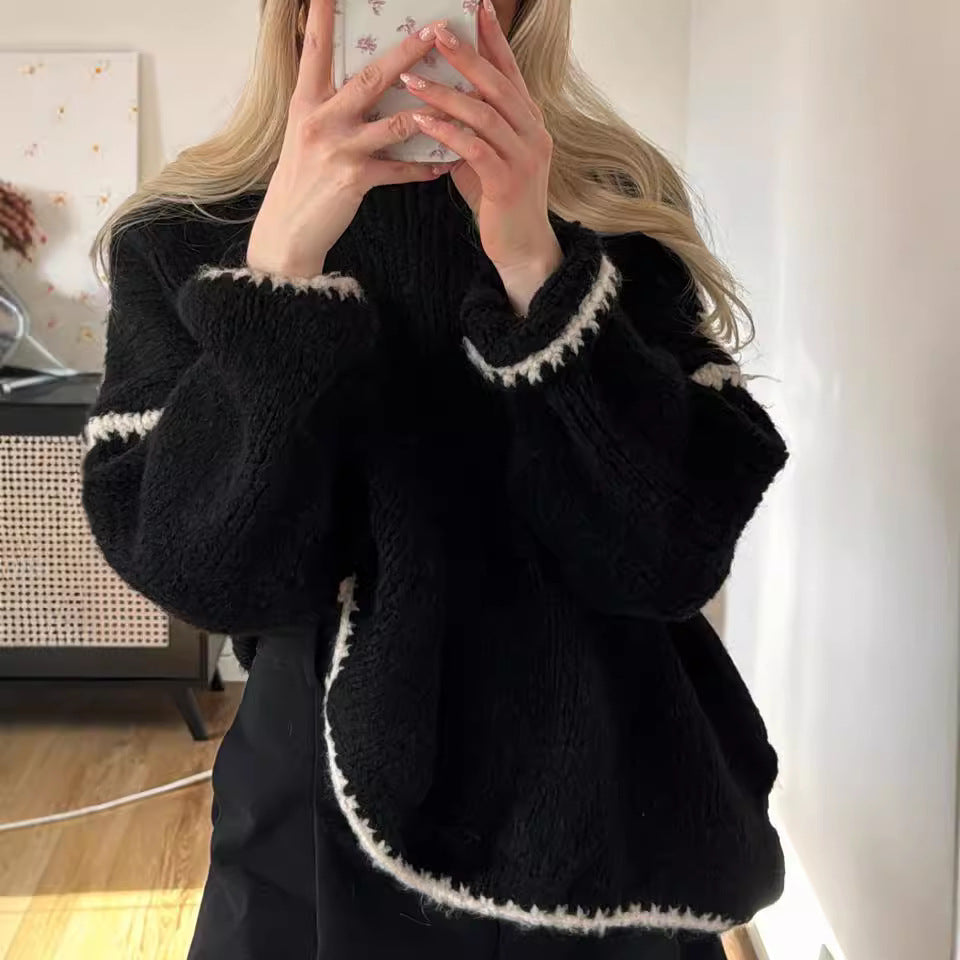 Damen Grobstrickpullover mit kontrastierendem Abschluss und lockerem Schnitt R&B