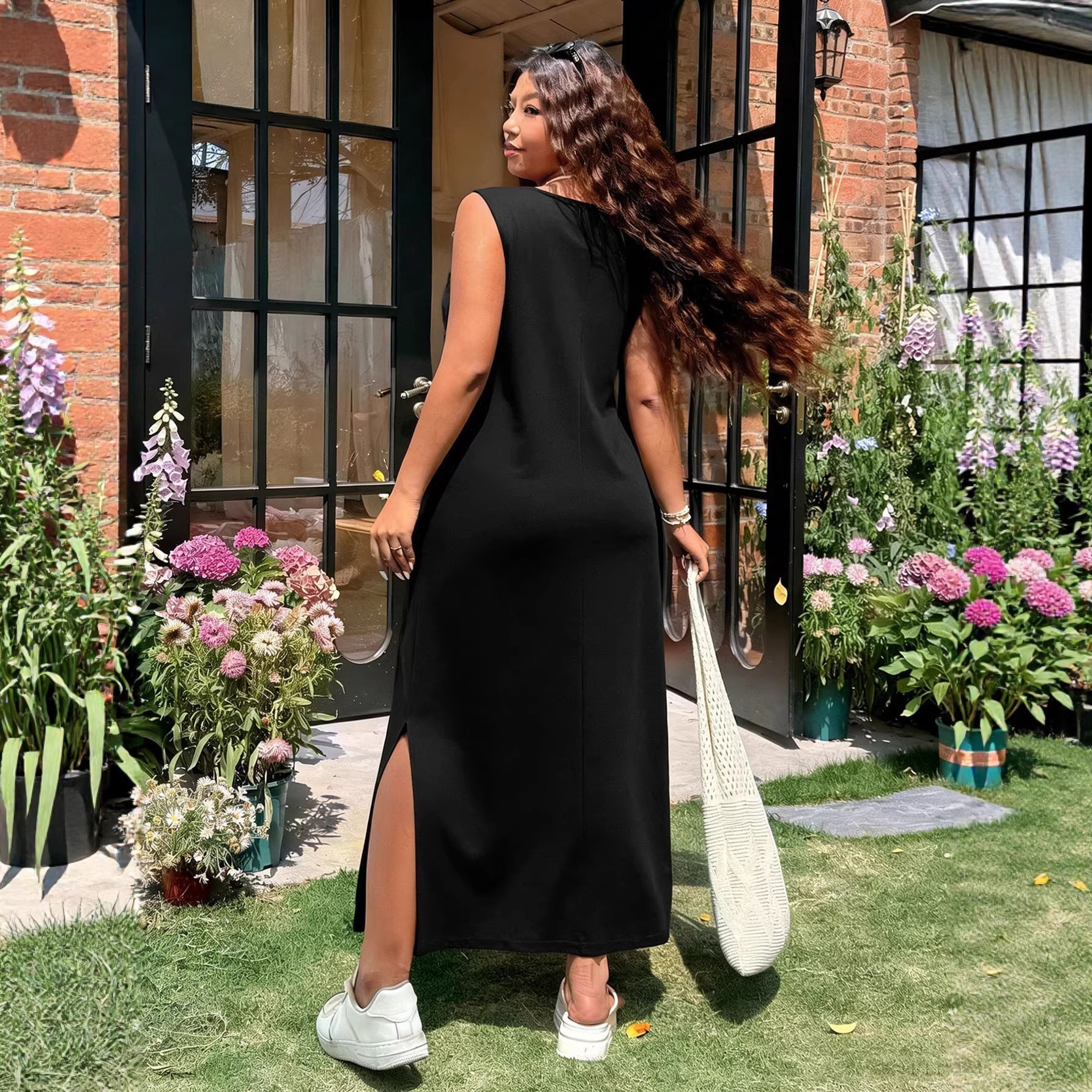 Damen luftiges Maxikleid mit V-Ausschnitt und seitlichem Schlitz R&B