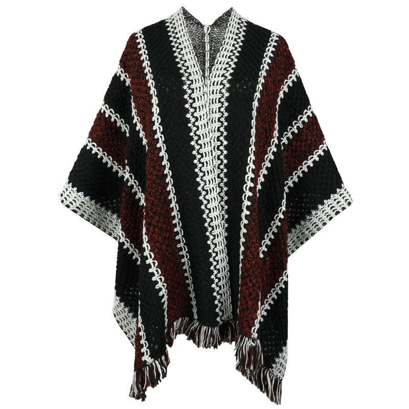 Damen Strickponcho mit V-Ausschnitt und Fransen R&B