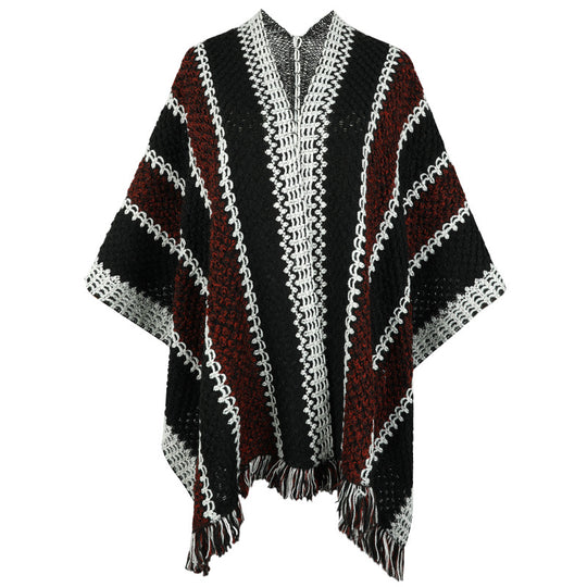 Damen Strickponcho mit V-Ausschnitt und Fransen R&B