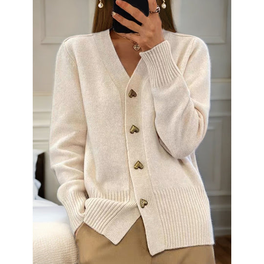 Damen kuschelige Strickjacke mit Herzknöpfen und V-Ausschnitt R&B