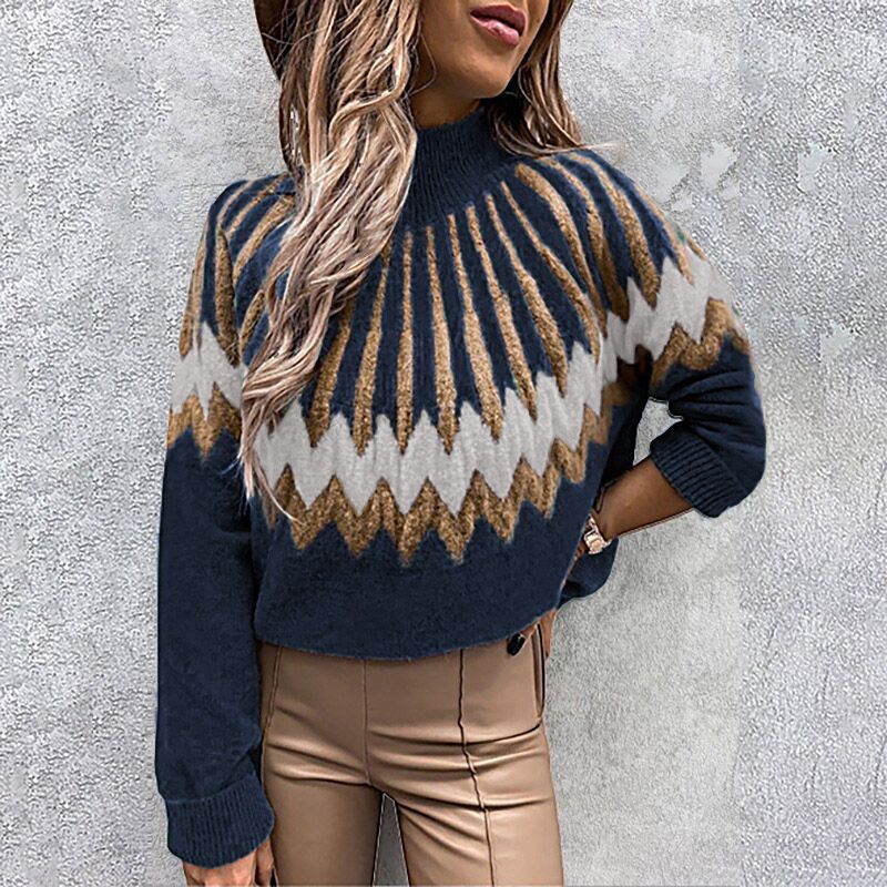 Damen Modischer Grobstrickpullover mit grafikintensivem Design und hohen Kragen R&B