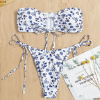 Damen Bandeau-Bikini mit floralem Musterdruck und verspielten BindR&Bändern R&B