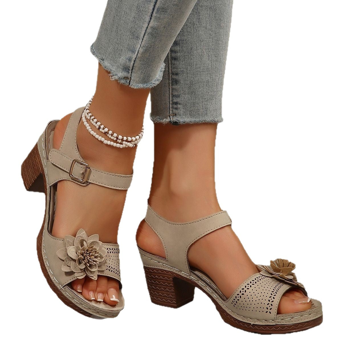 Damen Elegante Sandalen mit Kunstblumen und Blockabsatz R&B