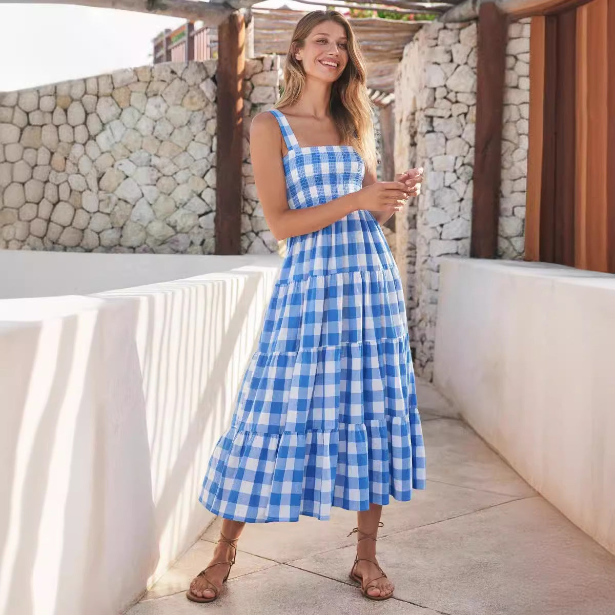 Damen Maxikleid mit kariertem Design und eleganter, fließender Schnittführung R&B