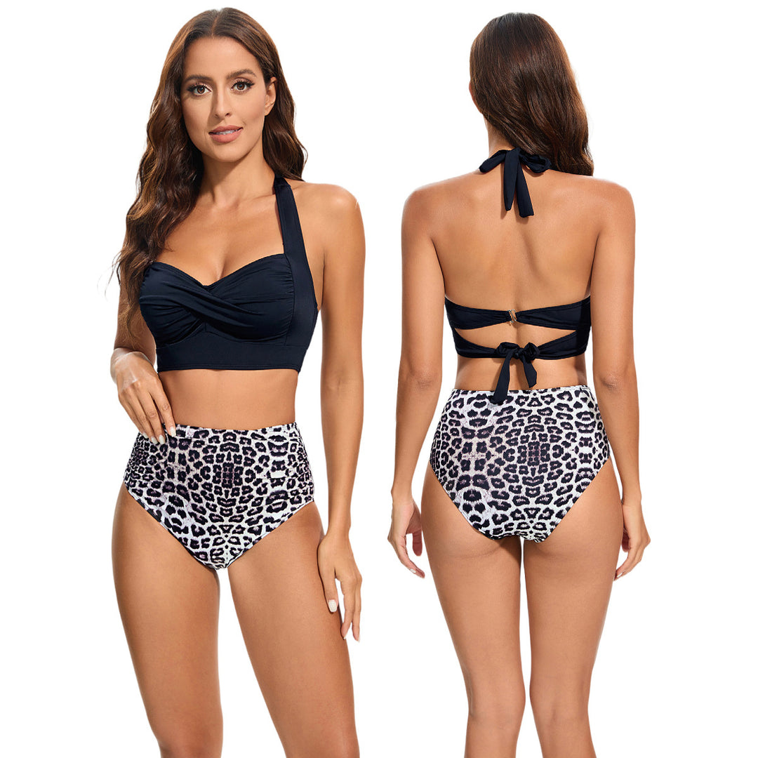 Damen Hochtailliertes Bikini-Set mit gepolstertem Top und Leopardendesign R&B
