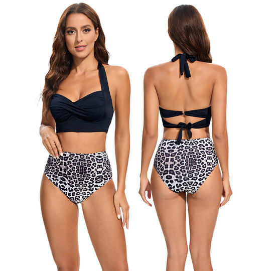 Damen Hochtailliertes Bikini-Set mit gepolstertem Top und Leopardendesign R&B