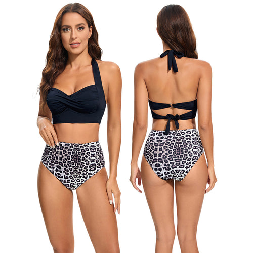 Damen Hochtailliertes Bikini-Set mit gepolstertem Top und Leopardendesign R&B