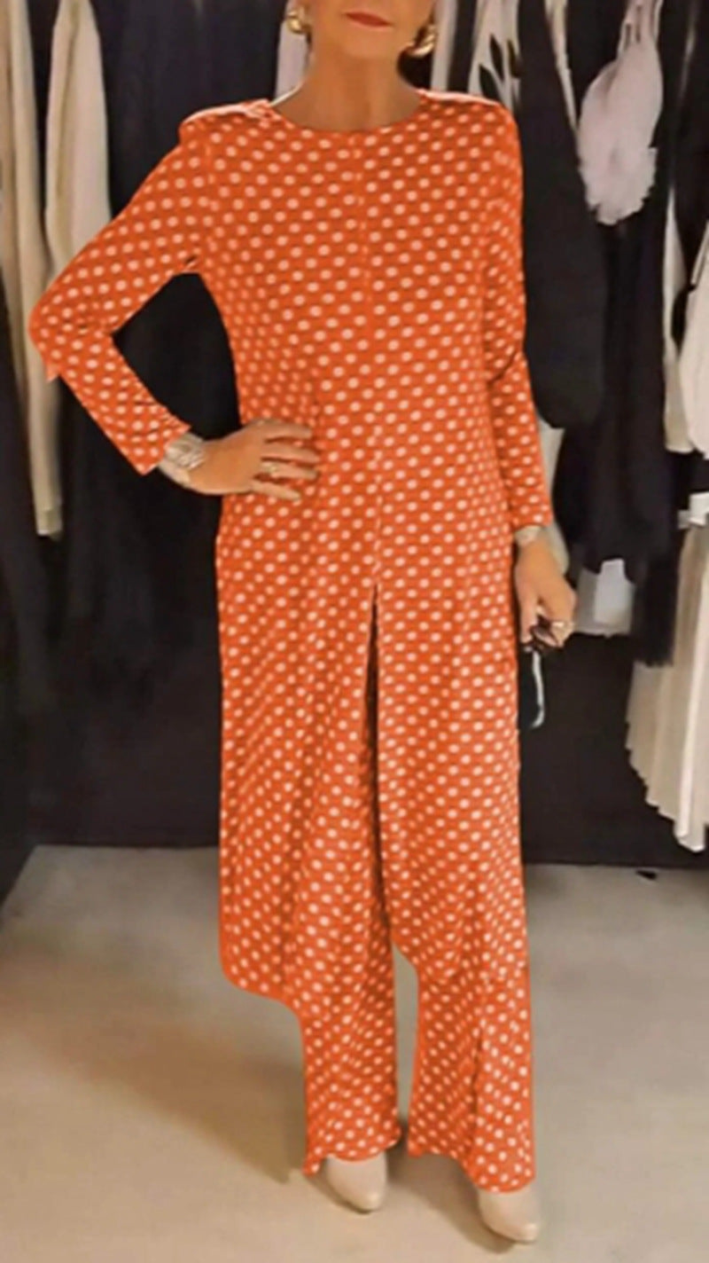 Damen nan Pünktchen-Lounge-Ensemble mit langer A-Linien-Tunika, mittigem Frontschlitz und weiter Palazzohose R&B