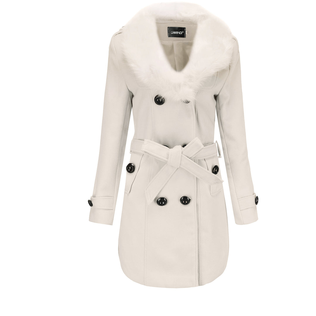Damen eleganter Trenchcoat mit Kunstpelzkragen und Taillengürtel R&B