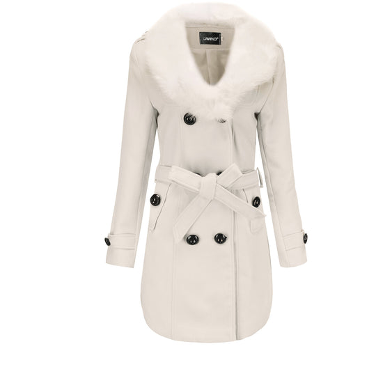 Damen eleganter Trenchcoat mit Kunstpelzkragen und Taillengürtel R&B