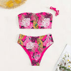 Damen Bandeau-Bikini mit lhaftem Tropenmuster und hohem Taillenschnitt