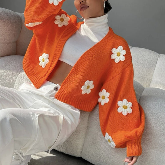 Damen Kurzstrickcardigan mit verspieltem Blumenmuster R&B