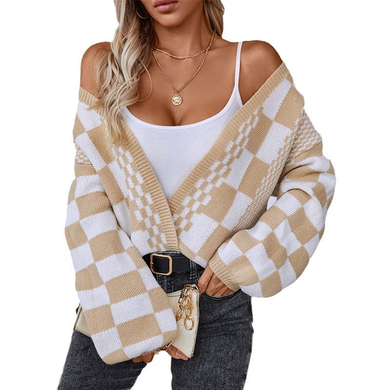 Damen lässige Strickjacke im modischen Karomuster R&B
