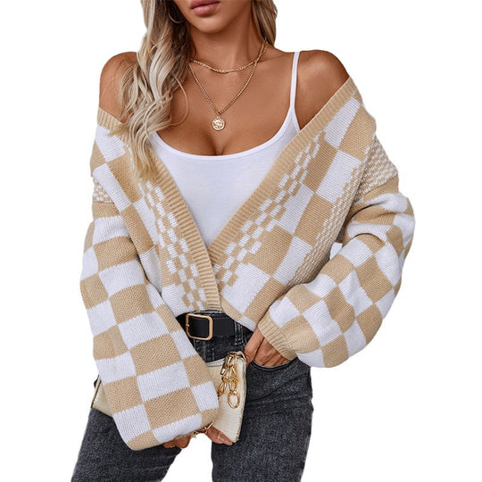 Damen lässige Strickjacke im modischen Karomuster R&B