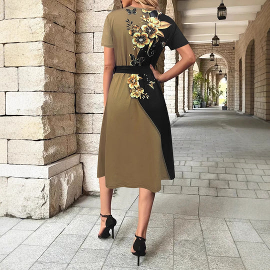 Damen Kleid mit floralem Design und seitlichem Gürtel R&B